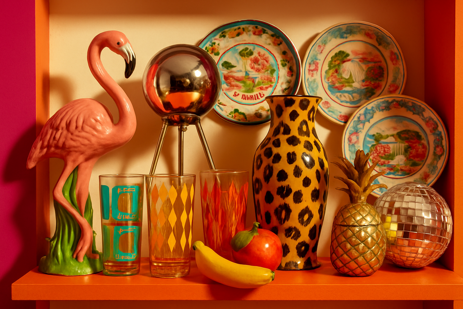 A maximalist shelf of vintage kitsch treasures