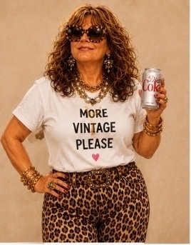 Stacie in a More Vintage Please tee holding a Diet Coke
