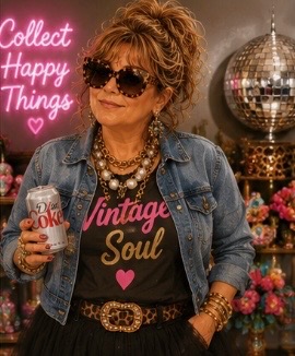 Stacie in a denim jacket and Vintage Soul tee with a Diet Coke