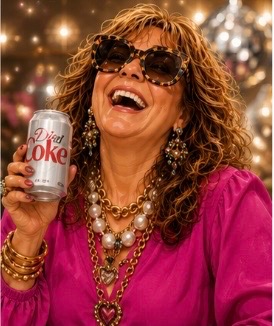Stacie laughing with a Diet Coke and leopard-print sunglasses in her hair