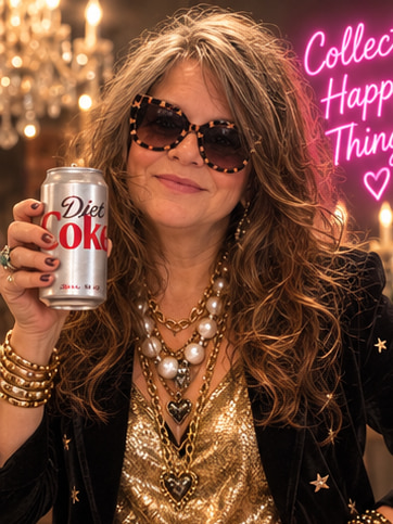 Stacie in a gold sequined top and tortoiseshell sunglasses, Diet Coke in hand beneath a neon Collect Happy Things sign
