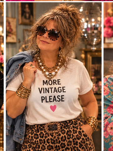 Stacie standing in a More Vintage Please tee and leopard pants with a denim jacket over her shoulder
