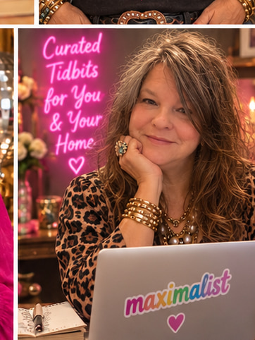 Stacie resting her chin on her hand behind her laptop, a neon Curated Tidbits for You and Your Home sign glowing beside her