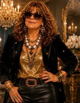 Stacie in a starry velvet blazer and gold jewelry under chandelier light